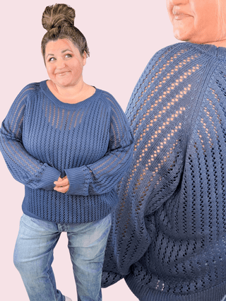 Polly Open Knit Long Sleeve Sweater in Denim Blue-2- Long Sleeve Tops-WHITE BIRCH-Styled by Stacked - A Plus Size Women's Boutique in Lakeville, MN