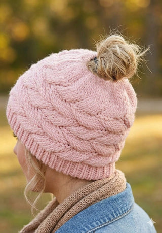 12- Accessories & Gifts Ponytail Cable Knit Stocking Cap in Pink plus size clothing
