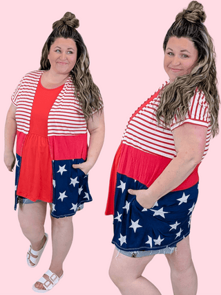 4- Overlayer Tops Posie Short Sleeve Americana Cardigan w/Pockets plus size clothing