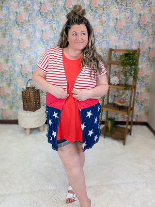 4- Overlayer Tops Posie Short Sleeve Americana Cardigan w/Pockets plus size clothing