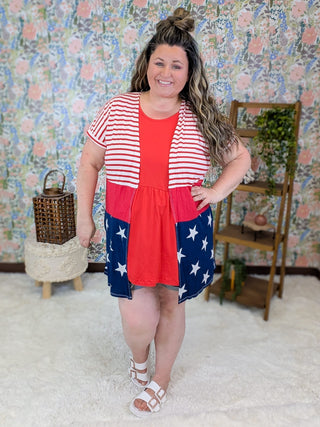 4- Overlayer Tops Posie Short Sleeve Americana Cardigan w/Pockets plus size clothing