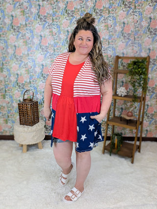 4- Overlayer Tops Posie Short Sleeve Americana Cardigan w/Pockets plus size clothing