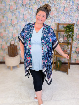 4- Overlayer Tops Presley Rose + Paisley Print Kimono on Navy plus size clothing