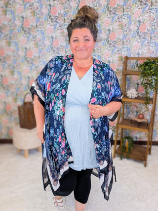 4- Overlayer Tops Presley Rose + Paisley Print Kimono on Navy plus size clothing