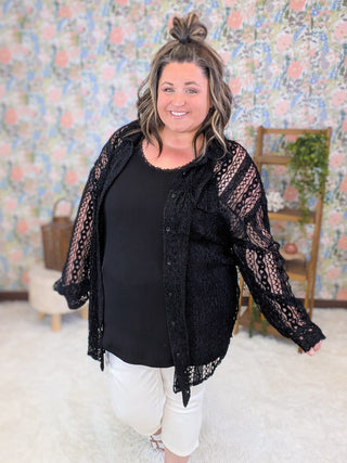 4- Overlayer Tops Priscilla Lace Buttondown Top in Black plus size clothing