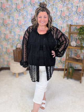 4- Overlayer Tops Priscilla Lace Buttondown Top in Black plus size clothing