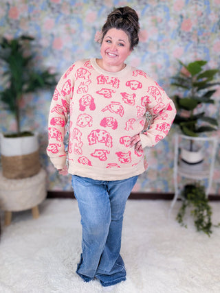 Puppy Love Pullover Sweater in Taupe + Pink-2- Long Sleeve Tops-WHITE BIRCH-Styled by Stacked - A Plus Size Women's Boutique in Lakeville, MN