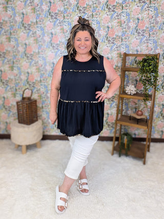 1- ShortSlv/Slvless Tops Ramona Tiered Tank w/Leopard Accents in Navy plus size clothing