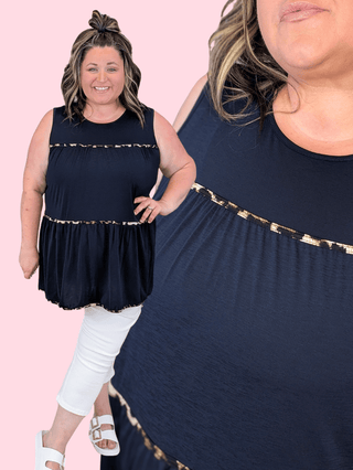 1- ShortSlv/Slvless Tops Ramona Tiered Tank w/Leopard Accents in Navy plus size clothing