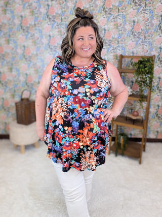 1- ShortSlv/Slvless Tops Randi Babydoll Tank in Floral on Black plus size clothing