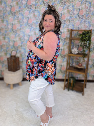 1- ShortSlv/Slvless Tops Randi Babydoll Tank in Floral on Black plus size clothing