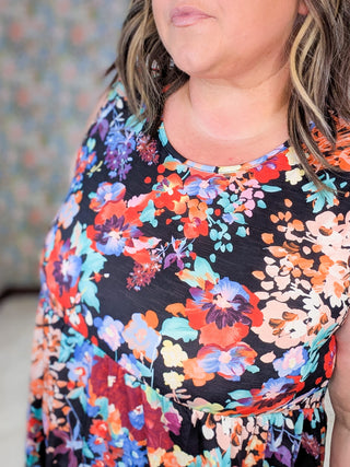 1- ShortSlv/Slvless Tops Randi Babydoll Tank in Floral on Black plus size clothing