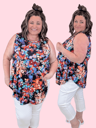 1- ShortSlv/Slvless Tops Randi Babydoll Tank in Floral on Black plus size clothing