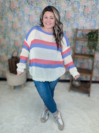 Rayna Summer Knit Sweater in Purple + Coral Stripes-2- Long Sleeve Tops-WHITE BIRCH-Styled by Stacked - A Plus Size Women's Boutique in Lakeville, MN