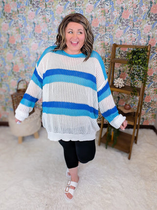 2- Long Sleeve Tops Rayna Summer Knit Sweater in Turquoise + Blue Stripes plus size clothing