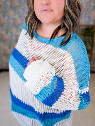 2- Long Sleeve Tops Rayna Summer Knit Sweater in Turquoise + Blue Stripes plus size clothing