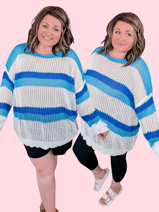 2- Long Sleeve Tops Rayna Summer Knit Sweater in Turquoise + Blue Stripes plus size clothing