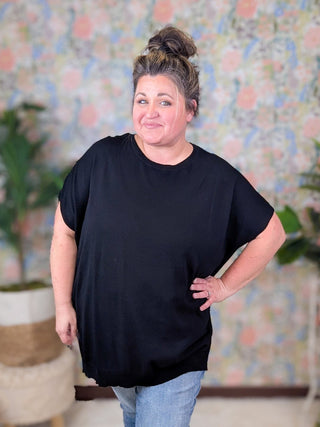 Reagan Zipper Accent Short Sleeve Sweater (2 colors)-1- ShortSlv/Slvless Tops-WHITE BIRCH-Styled by Stacked - A Plus Size Women's Boutique in Lakeville, MN