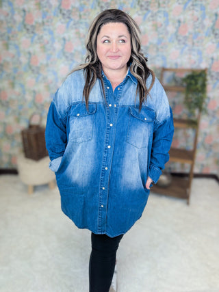 Rebecca Long Sleeve Denim Tunic w/Pockets-11- Dress/Romp/Jump-WHITE BIRCH-Styled by Stacked - A Plus Size Women's Boutique in Lakeville, MN
