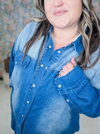 Rebecca Long Sleeve Denim Tunic w/Pockets-11- Dress/Romp/Jump-WHITE BIRCH-Styled by Stacked - A Plus Size Women's Boutique in Lakeville, MN