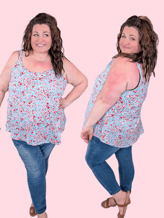 1- ShortSlv/Slvless Tops Reese Flowy Tank in Ditsy Floral on Aqua plus size clothing