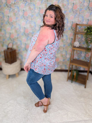 1- ShortSlv/Slvless Tops Reese Flowy Tank in Ditsy Floral on Aqua plus size clothing