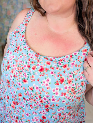 1- ShortSlv/Slvless Tops Reese Flowy Tank in Ditsy Floral on Aqua plus size clothing