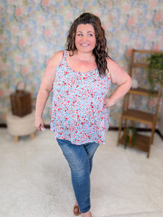 1- ShortSlv/Slvless Tops Reese Flowy Tank in Ditsy Floral on Aqua plus size clothing