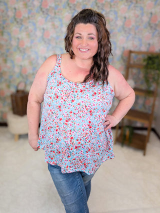 1- ShortSlv/Slvless Tops Reese Flowy Tank in Ditsy Floral on Aqua plus size clothing