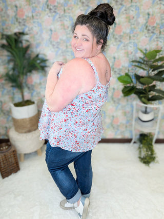 Reese Wide Strap Cami Tank in Ditsy Floral on Aqua-1- ShortSlv/Slvless Tops-WHITE BIRCH-Styled by Stacked - A Plus Size Women's Boutique in Lakeville, MN