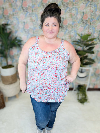 Reese Wide Strap Cami Tank in Ditsy Floral on Aqua-1- ShortSlv/Slvless Tops-WHITE BIRCH-Styled by Stacked - A Plus Size Women's Boutique in Lakeville, MN