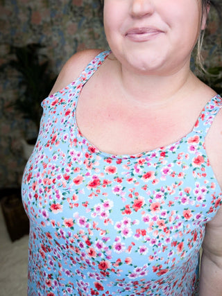 Reese Wide Strap Cami Tank in Ditsy Floral on Aqua-1- ShortSlv/Slvless Tops-WHITE BIRCH-Styled by Stacked - A Plus Size Women's Boutique in Lakeville, MN