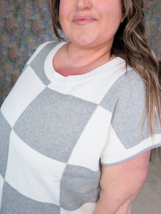 2- Long Sleeve Tops Regina Checkered Short Sleeve Sweater in Gray plus size clothing
