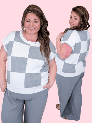 2- Long Sleeve Tops Regina Checkered Short Sleeve Sweater in Gray plus size clothing
