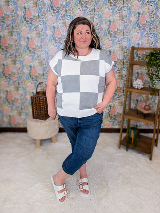 2- Long Sleeve Tops Regina Checkered Short Sleeve Sweater in Gray plus size clothing