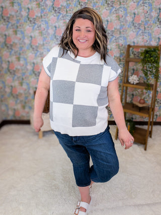 2- Long Sleeve Tops Regina Checkered Short Sleeve Sweater in Gray plus size clothing