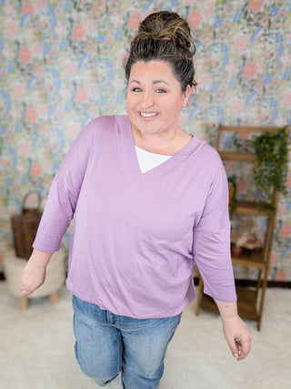 Renee 3/4 Sleeve Vneck Tee w/White Inset (4 Colors)-2- Long Sleeve Tops-Emerald Collection-Styled by Stacked - A Plus Size Women's Boutique in Lakeville, MN