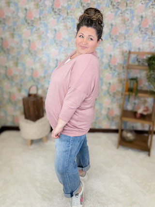 Renee 3/4 Sleeve Vneck Tee w/White Inset (4 Colors)-2- Long Sleeve Tops-Emerald Collection-Styled by Stacked - A Plus Size Women's Boutique in Lakeville, MN