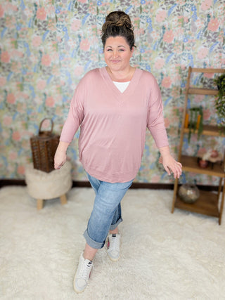 Renee 3/4 Sleeve Vneck Tee w/White Inset (4 Colors)-2- Long Sleeve Tops-Emerald Collection-Styled by Stacked - A Plus Size Women's Boutique in Lakeville, MN