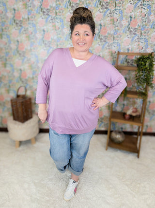 Renee 3/4 Sleeve Vneck Tee w/White Inset (4 Colors)-2- Long Sleeve Tops-Emerald Collection-Styled by Stacked - A Plus Size Women's Boutique in Lakeville, MN