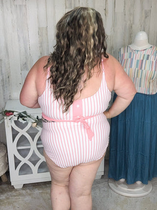 ***Miley Reversible Button Detail 2pc Swimsuit in Pink Stripes-SWIMWEAR-WHITE BIRCH-Styled by Stacked - A Plus Size Women's Boutique in Lakeville, MN