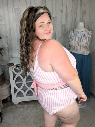 ***Miley Reversible Button Detail 2pc Swimsuit in Pink Stripes-SWIMWEAR-WHITE BIRCH-Styled by Stacked - A Plus Size Women's Boutique in Lakeville, MN