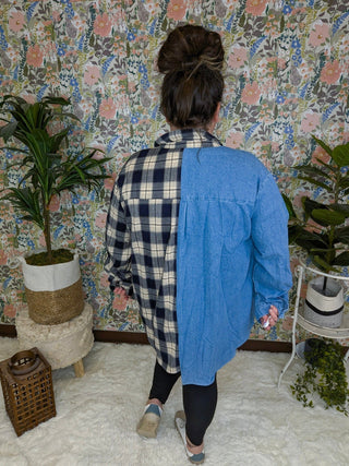 Rhea Plaid + Denim Split Buttondown Top-2- Long Sleeve Tops-entro-Styled by Stacked - A Plus Size Women's Boutique in Lakeville, MN
