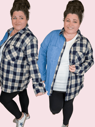 Rhea Plaid + Denim Split Buttondown Top-2- Long Sleeve Tops-entro-Styled by Stacked - A Plus Size Women's Boutique in Lakeville, MN
