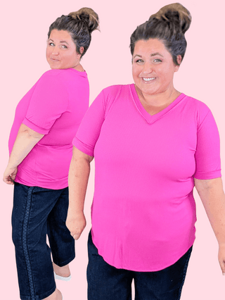 1- ShortSlv/Slvless Tops Rhiannon Ribbed Vneck Short Sleeve in Magenta Pink plus size clothing