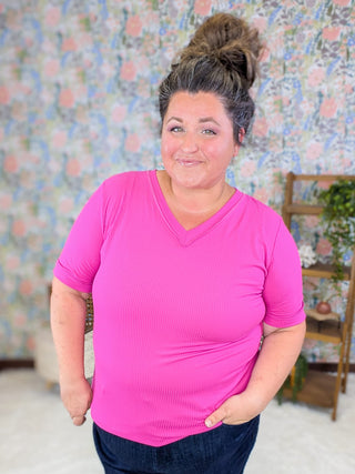 1- ShortSlv/Slvless Tops Rhiannon Ribbed Vneck Short Sleeve in Magenta Pink plus size clothing