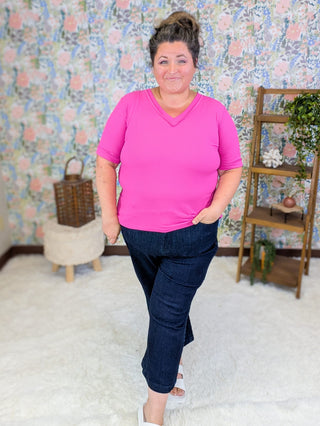 1- ShortSlv/Slvless Tops Rhiannon Ribbed Vneck Short Sleeve in Magenta Pink plus size clothing