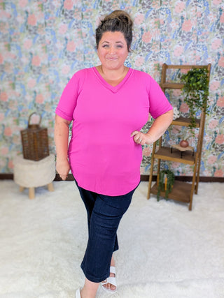 1- ShortSlv/Slvless Tops Rhiannon Ribbed Vneck Short Sleeve in Magenta Pink plus size clothing