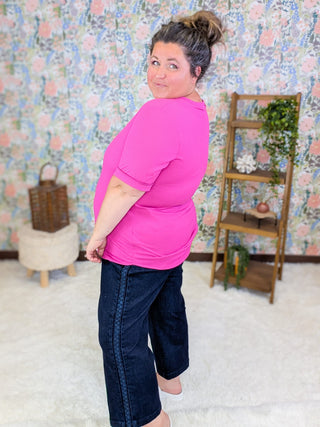 1- ShortSlv/Slvless Tops Rhiannon Ribbed Vneck Short Sleeve in Magenta Pink plus size clothing