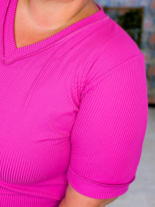 1- ShortSlv/Slvless Tops Rhiannon Ribbed Vneck Short Sleeve in Magenta Pink plus size clothing